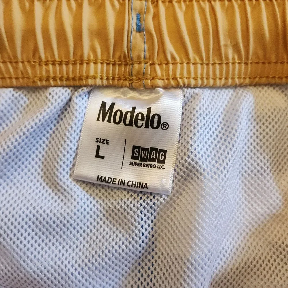 Modelo Swim Trunks Drawstring Lined Lt. Blue White Stripe Size L Mexican Beer